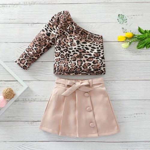 2Pieces Fashion Kids Clothing Set Leopard Print One Shoulder Long Sleeve Tops+Button Pleated Skirt for Toddler Girls Streetwear