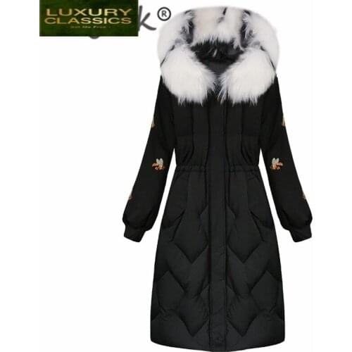 Female Winter Jacket Black + Raccoon Fur Hooded Korean Thick Warm Duck Down Jacket Ladies Slim Long Pink Coat Hiver Y1836