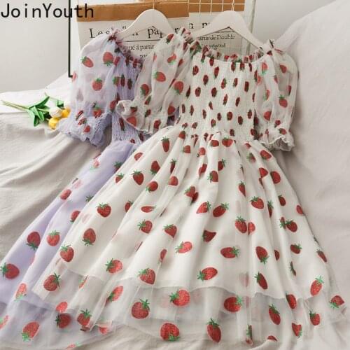 Joinyouth 2021 Summer Dress Woman Strawberry Sequined Gauze Vestidos Slash Neck Off Shoulder Ruffles Sweet Dresses Women 7b699