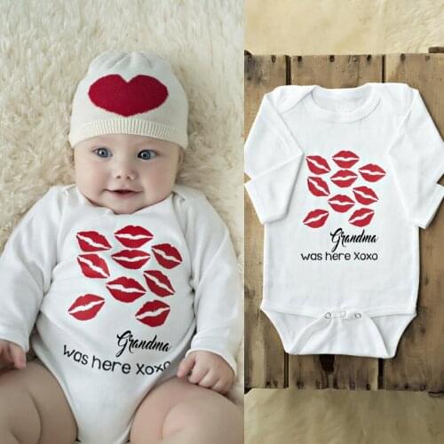 2020 Hot Newborn 0-18M Baby Bodysuit Boy Girl Valentine Kiss Red Lips Print Jumpsuit Baby Clothes Babygrows Letter Grandma Here