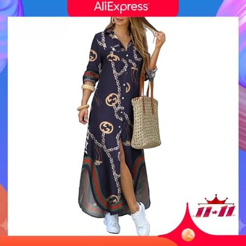 MOVOKAKA Fashion Dark Blue Print Long Dress Women 2021 Elegant Casual Robe Long Sleeve Dresses Woman Pocket Button Shirt Dresses