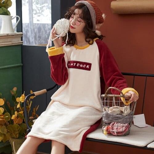 Winter Coral Velvet Nightdress Flannel Thickened Nightgown Cartoon Duck Womens Long Sleeve Spring Autumn And Winter Pajamas Set