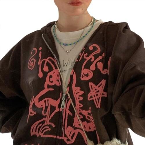 2021 New Womens Full Zip Hoodies Casual Long Sleeve Graffiti Print Oversized Sweatshirts
