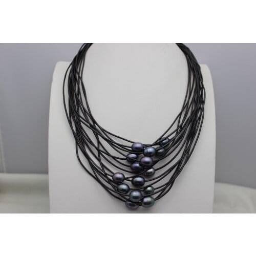 15strands Black leather and pearls necklace 9X12mm 45cm