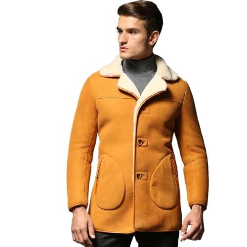 Quality Men sheepskin coat shearling fur coat Male Casual Yellow Shearling Clothing genuine shearling Warm coat for men Outwear