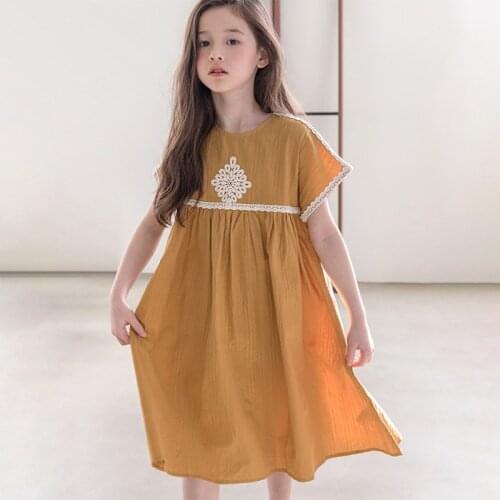 Girls' Dress Korean Cotton Hemp Cut Out Embroidery Lace Panel Fresh and Simple Ginger Yellow Medium Long Dress 2021 New Summer