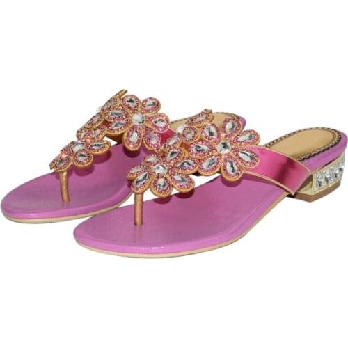 Thick Low Heel Flip-flop Slippers Women Summer New Hollow Flower Rhinestones Slippers Diamonds Thick Heel Slippers