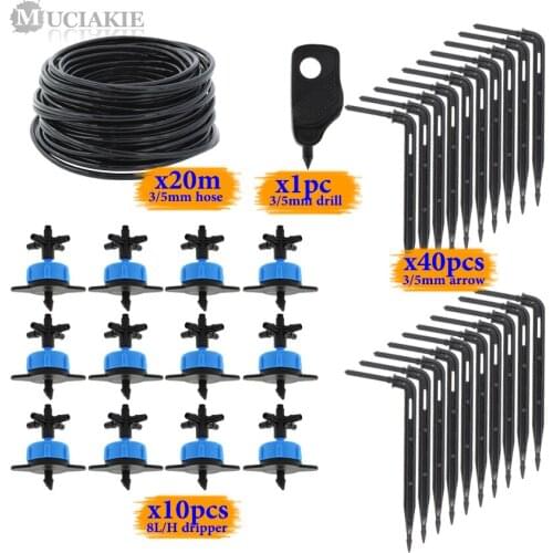 MUCIAKIE 20M 3/5mm Micro Drip Irrigation System with Black Elbow Drippers Save Water with Compensating Emitters Economic Kits