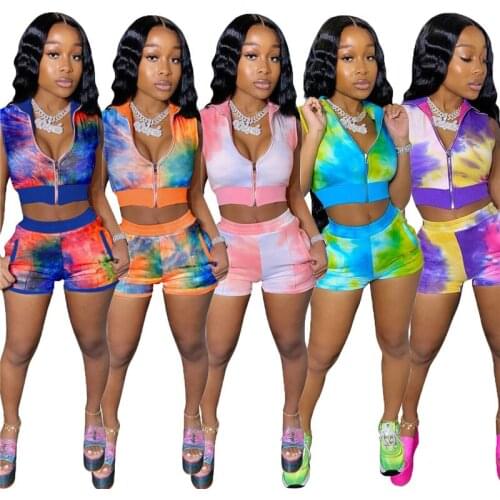 Tracksuit Tie Dye Print Two Piece Set Summer Crop Top and Shorts Sexy Women Sportwear Matching Sets Sweat Suits Female Clothing