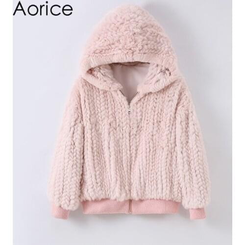 Aorice Women Real Rabbit Fur Coat Jacket New Female Knitted Casual Hood Coats Jackets Parka CT128