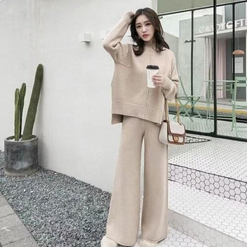 Women Loose Knitted 2 pieces Set Female Pullovers and Wide-Legs Pants Suit Plus Size Track suit Femme
