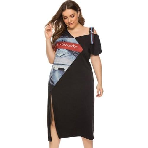 Womens T Shirt Dress Plus Size 4XL 5XL Slit One Shoulder With Belt Fashion Loose Casual Streetwear Black Dresses Summer Elegant