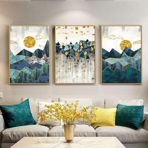 Golden Sun Canvas Painting Modern Abstract Landscape Wall Art Geometric Mountain Art Poster Print Wall Picture for Living Room