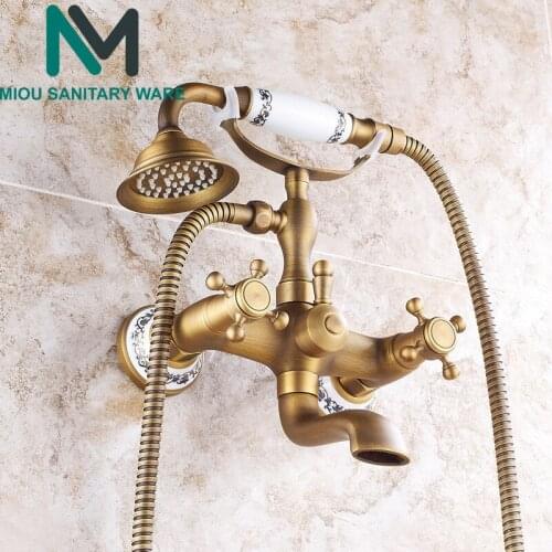 Antique Brushed Brass Bath Faucets Wall Mounted Bathroom Basin Mixer Tap Crane With Hand Shower Head Bath & Shower Faucet