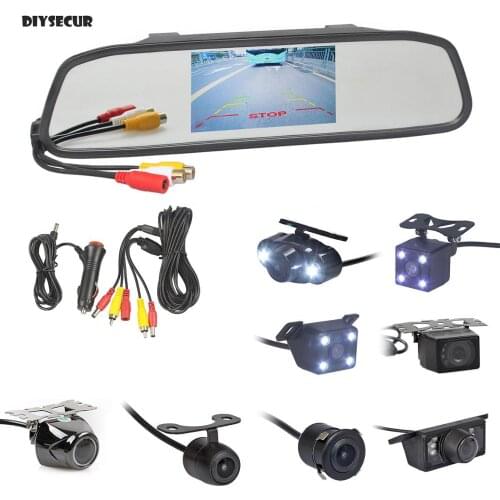 DIYSECUR 4.3inch Car Rearview Mirror Monitor Auto Parking Vedio + Backup Reverse Camera HD Car Rear View Camera free Car Charger