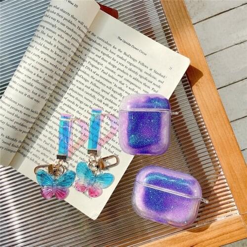 Dynamic Liquid 3D butterfly keychain Water Drop Rainbow Hard Headphone Earphone case for airpods 1 2 pro Wireless Headset cover