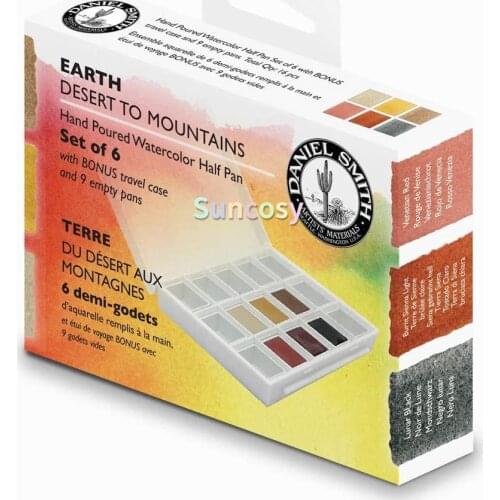 DANIEL SMITH Hand Poured Watercolor, Half Pans, Earth Set with 6 Watercolor Half Pans, 9 Empty Half Pans, 1 Plastic Travel Case