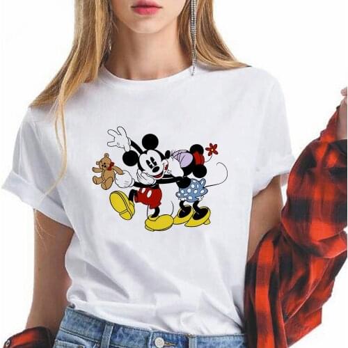 Mickey Minnie Mouse Lovers Tshirt Casual Print O-Neck Stripe Tees Loose T-Shirts Women Oversize Top Hip Hop Streetwear Dropship