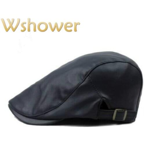 Which in shower women men blank PU beret adjustable autumn winter faux leather plain flat cap vintage British style newsboy hat