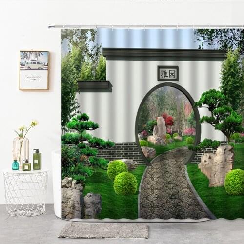 Chinese Moon Gate Shower Curtains Landscape Garden Printed Bathroom Curtain Polyester Cloth Bath Curtain For Bathroom Decor