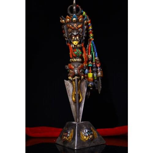 15"Tibet Temple Collection Old Tiantie Engraved Tracing Skull head Mahakala above Dharma Base set Town House Exorcism