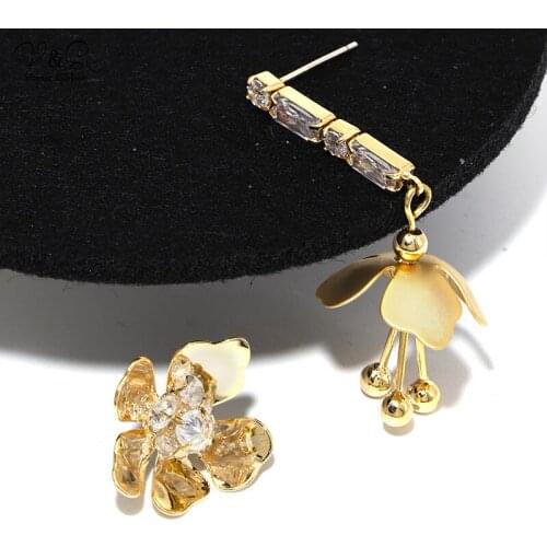 Korean Fashion Shining Delicate Asymmetrical Flower Drop Earrings For Women Summer Style Party Wedding