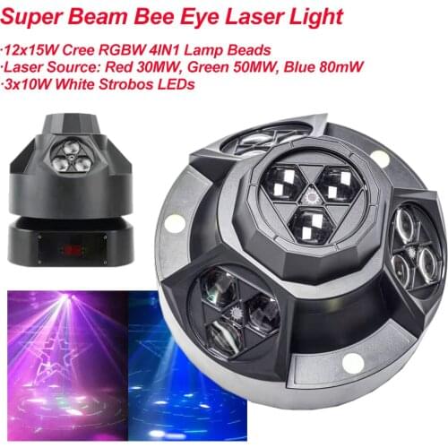DJ Stage Lighting Beam Laser Strobos Projector 12x15w RGBW Beam Moving Head Light 3 Heads RGB Laser for Disco Xmas Party
