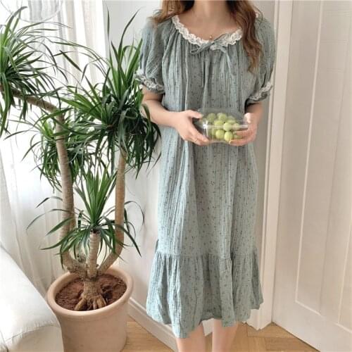 Summer nightgowns women floral print crepe cotton sleepwear nightdress lacework ruffles midi loose dress homewear pink Y563