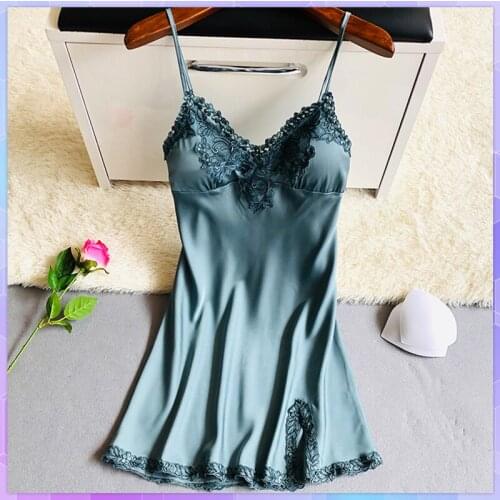 Fashion Silk Robes Nightdress women pajamas summer Sleepwear with breast pad Sexy Lace V-Neck Robe ice silk temptation Nightgown