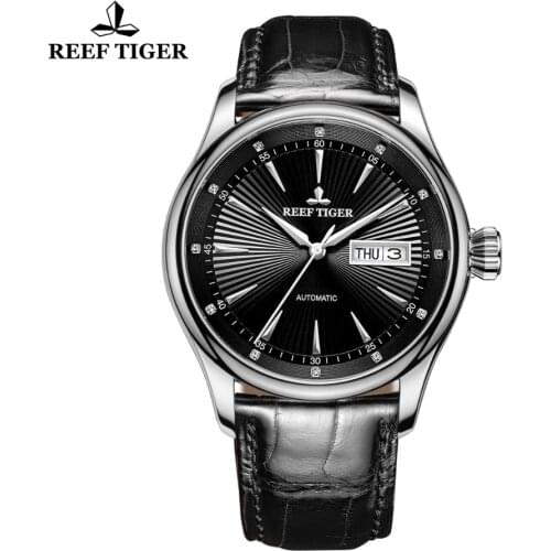 Reef Tiger/RT Mens Dress Watch with Date Day 316L Steel Calfskin Strap Watches Automatic Watches RGA8232