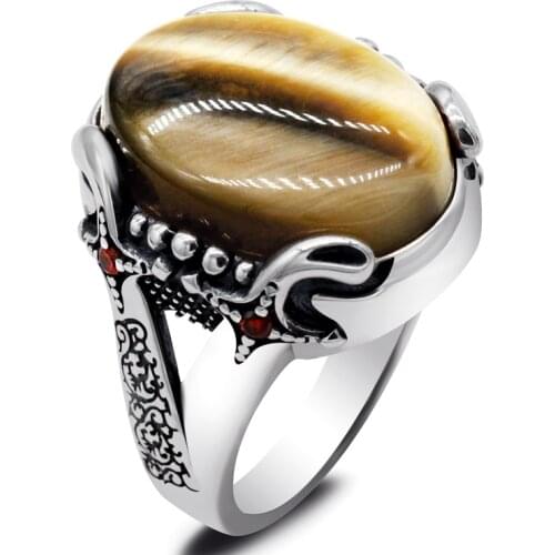 Natural Tiger Eyes Stone Solid 925 Sterling Silver Men Rings Handmade Turkey Rings for Women Vintage Cool Luxury Cincin Hollow