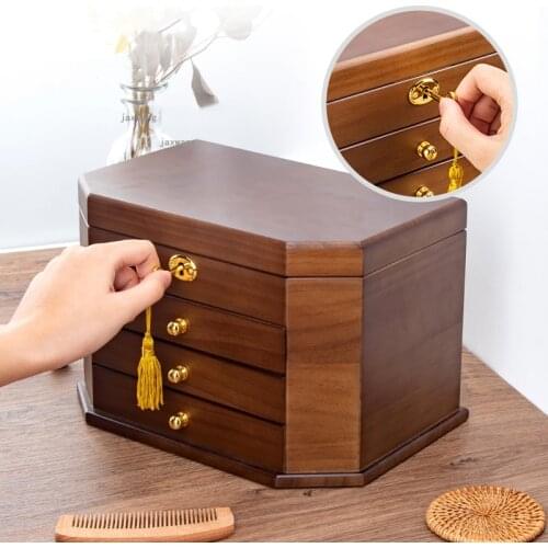 Solid Wood Earrings Necklace Jewelry Organizer Simple Wedding Birthday Gift Display Case Retro Rings Watch Storage Box with Lock