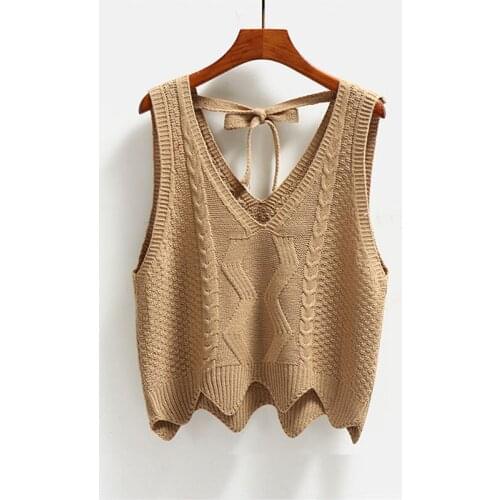 Autumn Women Sweater Vest Fashion Backless Lace Up Bow Sleeveless Pullover Knitted Tops Korean V Neck Loose Short Outerwear Vest