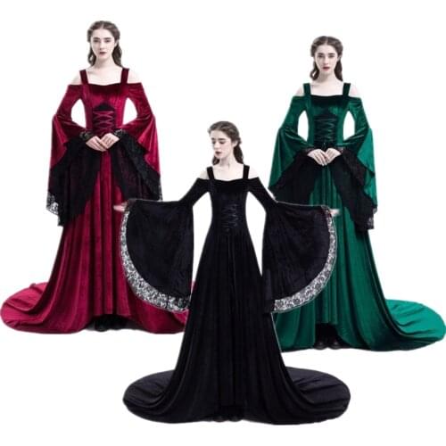 Victoria Retro Middle Ages Dress Halloween Carnival Medieval Cosplay Costumes for Women Strapless Shoulder Lace Dresses