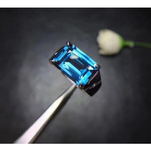 Luxury big size square Natural blue topaz gem Ring with Silver jewelry Natural Gem party anniversary birthday hot selling gift