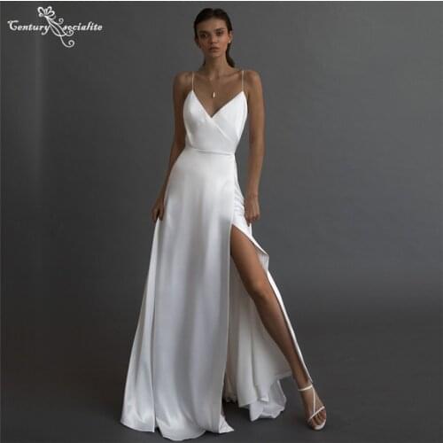 Sexy Wedding Dresses 2021 High Slit Spaghetti Straps Backless A-Line Simple Bride Dress Beach Bridal Gowns Vestido De Noiva