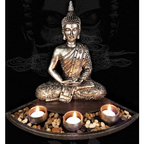 Buddha Head Sculpture Zen Garden Set Tealight Candle Holders Wooden Display Tray Home Accessories 2021 New Year Decoration