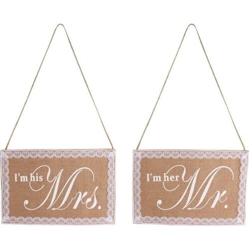 Mr. & Mrs. Wedding Chair Sign Rustic Burlap Lace Chair Banner Set DIY Chair Decoration for Wedding Party Supplies