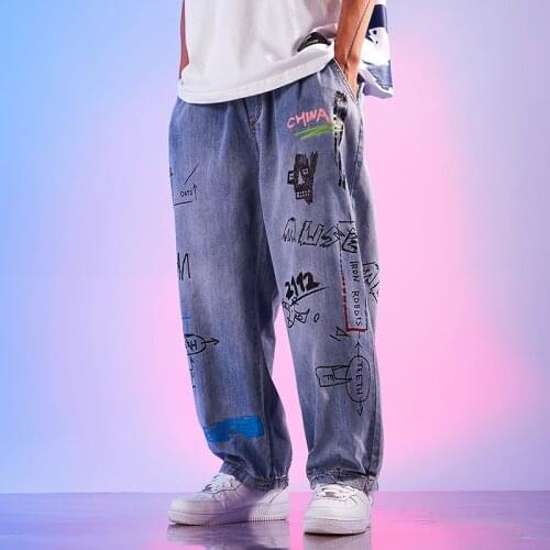 Street hiphop Drawstring wide-leg jeans mens spring and autumn national tide wide-leg pants trend mid-waist straight-leg pants