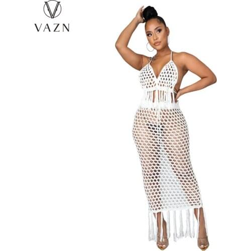 VAZN 2021 INS Wind Hole Out Special Bandage 2 Piece Set Boho Beach Summer Women Sleeveless Top And Maxi Skirt Autumn