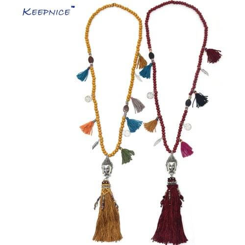 Handmade vintage rosary wooden beads chains long necklace tassel Buddha pendent necklace Tibetan 3D Buddha Buddhism necklace