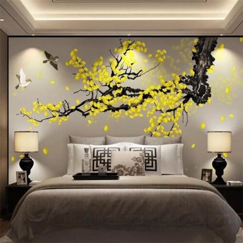 Wellyu Custom wallpaper 3D murals ginkgo hand-painted pen and flower new Chinese background wall decoration painting wallpaper