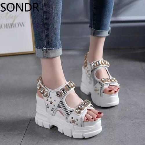 Womens Open Toe Diamond Rhinestones Sandals Belt Buckle Platform Shoes Roman Gladiator Black White Summer NEW