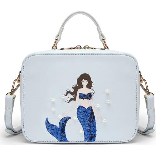Women Bags Leather Patchwork Embroidery Shoulder Bags Cross Body Messenger Bag Female Tote Braccialini Style Art Cartoon Mermaid