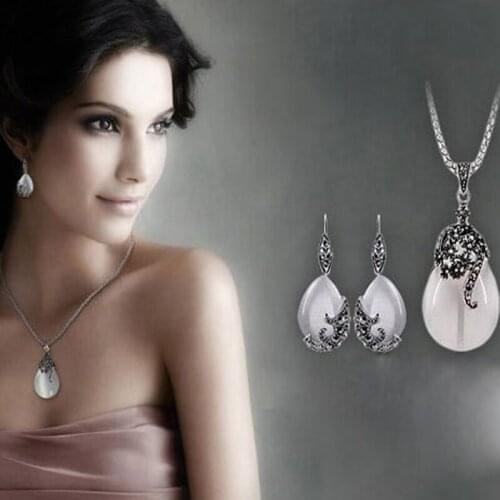Retro Silver Fashion Opal Water Drop Flower Pendants Long Necklaces And Drop Earrings Jewelry Sets Women Vintage Style