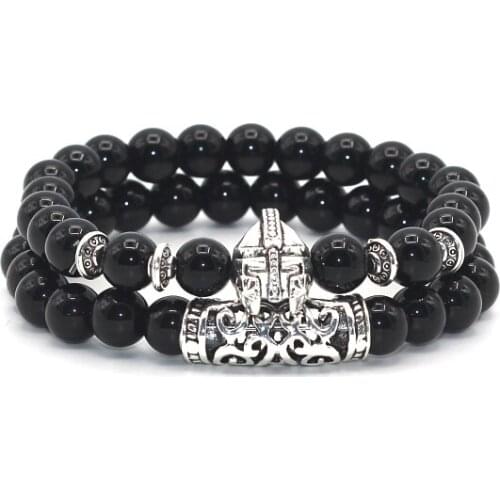 2 pcs/set Antique Silver Plated Helmet Head Charm Turquoises Matte Black Natural Stone Beads Bracelet Set Pack For Men Women