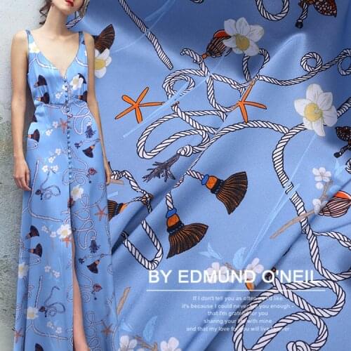 European silk stretch satin Blue bottom nautical rope digital print inkjet printing silk satin dress shirt sewing fabric