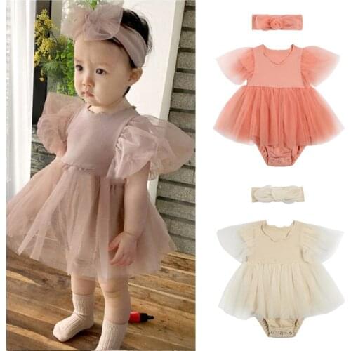 0-24Months Newborn Toddler Kids Baby Girls Clothes Puff Sleeve Lace Romper Jumpsuits Tutu Dress One-Pieces with Headband Outfits