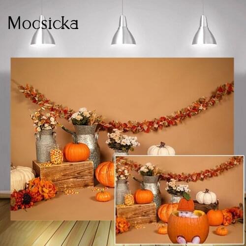 Autumn Newborn Pumpkin Portrait Backdrop Sunflowers Vase Kids Birthday Cake Smash Background Decorations Floral Maple Leaf Photo