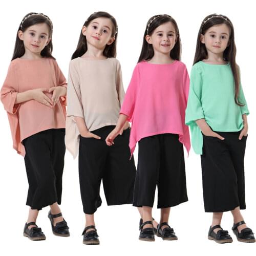 Two Pieces Set Girls Muslim Three Quarter Sleeve Pllover Tops Wide Leg Pant Suits Ramadan Turkey Abaya Dubai Islamic Clothing